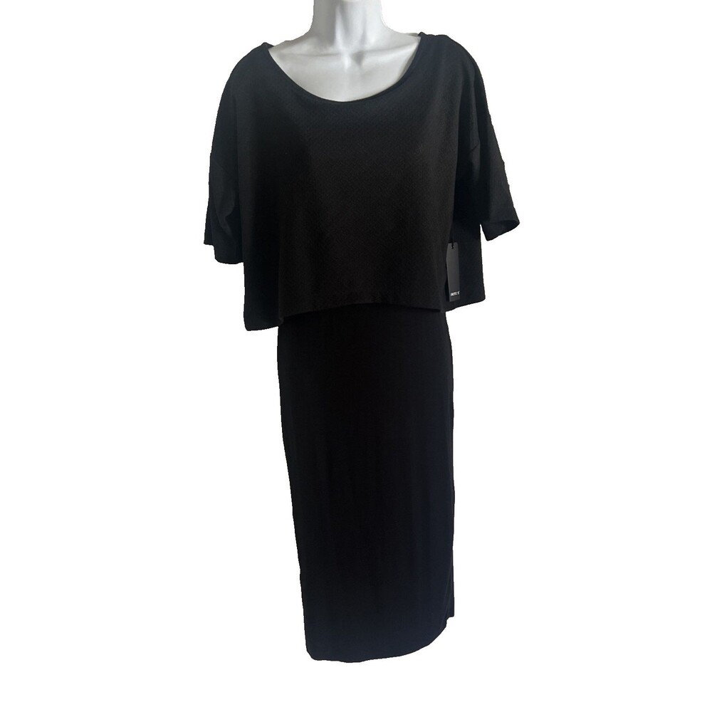 NWT VTG Forever21 Black Dress Women Size M Midi Textured Short Sleeve Stretch
